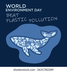 Whale silhouette filled with plastic waste. Illustration for World Environment Day, highlighting plastic pollution in the ocean.