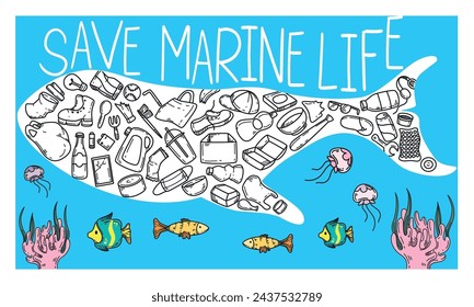 Whale silhouette with plastic garbage doodle icons. Save underwater life, stop ocean pollution, reduce water waste concept. Marine animal filled with plastic bags, bottles or trash on blue background.