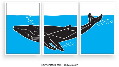 Whale silhouette under the sea, vector. Minimalist art design. Three pieces poster design. Scandinavian minimalist artwork. 