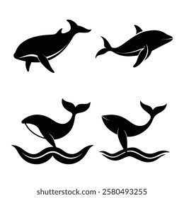 whale silhouettes set in black color simple and clean vector illustration on a white background.
