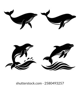 whale silhouettes set in black color simple and clean vector illustration on a white background.
