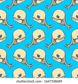 Whale skeleton pattern seamless cartoon. skull silhouette underwater animal background. Baby fabric texture. vector ornament 