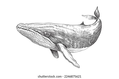 Whale sketch hand drawn underwater world vector illustration