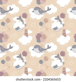 Whale in the sky, fantasy print in pastel colors for baby products. Seamless pattern. Vector.