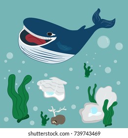 Whale smiling in the sea Under the pearl cartoon cute.Cute happy ocean whale.seaweed and air bubbles.vector ,illustration.