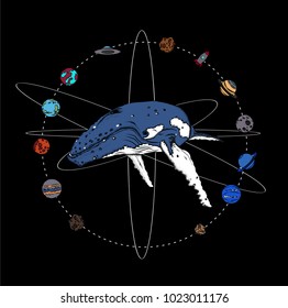 the whale in space, the orbit of the planets. abstract vector illustration.
