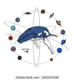 the whale in space, the orbit of the planets. abstract vector illustration.