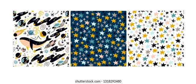 Whale in space. Various abstract space elements. Hand drawn colorful stars. Doodle shapes. Set of three vector seamless patterns. Every pattern is isolated