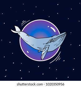 Whale in Space. Vector hand drawn illustration