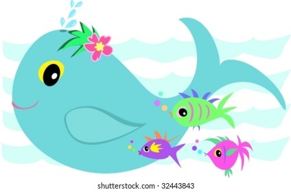 Whale Splash with Fish Friends Vector