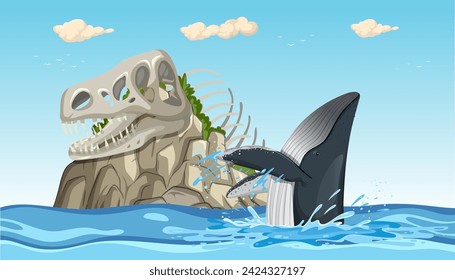 Whale splashes near a dinosaur skull island