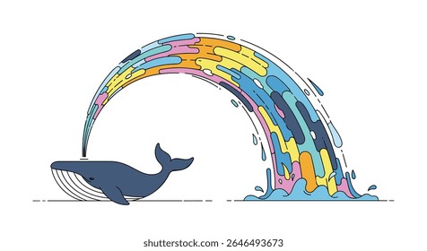 Whale spouting rainbow colored water artistic vector graphic design with style