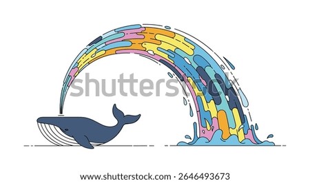 Whale spouting rainbow colored water artistic vector graphic design with style