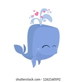 Whale spraying water and hearts from blowhole. Fountain, cartoon, animal. Can be used for topics like mammal, ocean, in love