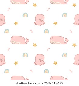 Whale and squid pink cartoon so cute. On starfish rainbow fish white background. Pattern seamless vector illustration. 