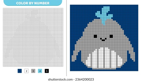 Whale squishmallow. Color by number. Pixel coloring book. Numbered squares. Game for kids. Pixel art. Isolated vector illustration eps 10
