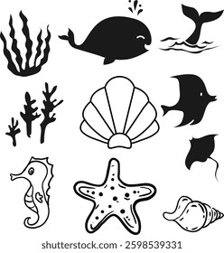 Whale, starfish, seashell, fish, seaweed underwater. Perfect for marine life, ocean conservation, coastal themes, educational materials, and naturerelated designs.
