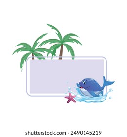 Whale and starfish splashing water next to the big blank banner, behind it a palm trees. Summer, vacation, tropical, ocean concept  illustration
