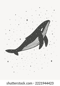 Whale with stars. Magic minimalistic simple vector art