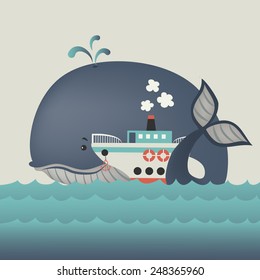 Whale and steamship in blue sea . Vector illustration