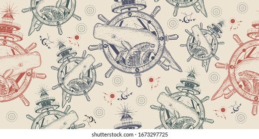 Whale, steering wheel and lighthouse, seamless pattern. Packing old paper, scrapbooking style. Vintage background. Medieval manuscript, engraving art. Travel, adventure, outdoors symbol 