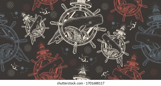 Whale, steering wheel and lighthouse, seamless pattern. Packing old paper, scrapbooking style. Vintage background. Medieval manuscript, engraving art. Travel, adventure, outdoors symbol 