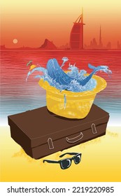Whale in a straw hat on a suitcase in front of the Dubai skyline