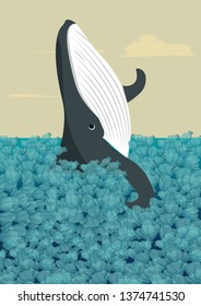whale suffering while swimming in a sea of plastic trash