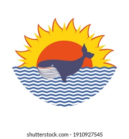 Whale and sunrise sign. Abstract nautical landscape. Vector