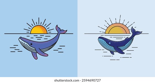 Whale sunset illustration vector design