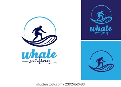 Whale Surfing logo design template. A dynamic and playful design showcasing a man riding a wave while a whimsical whale surfs alongside. Perfect for surf-related graphics, beach-themed merchandise