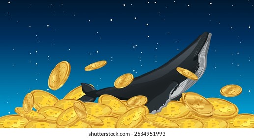 A whale surrounded by floating Bitcoin coins
