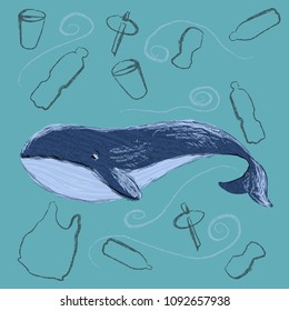 Whale is surrounded by human garbage. Concept about water pollution. Vector illustration with child crayons effect.