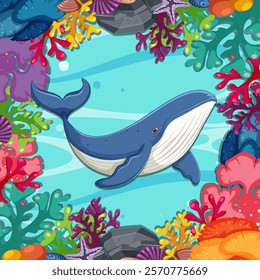 A whale surrounded by vibrant coral and sea life