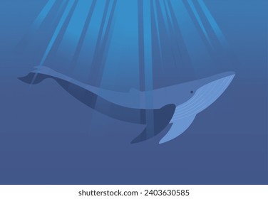 Whale swim in the deep blue ocean waters, under the shimmering rays of light. Huge marine mammal. Horizontal composition. Ocean day, whale day. Conservation project design.