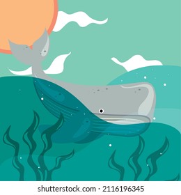 whale swim in the sea cartoon