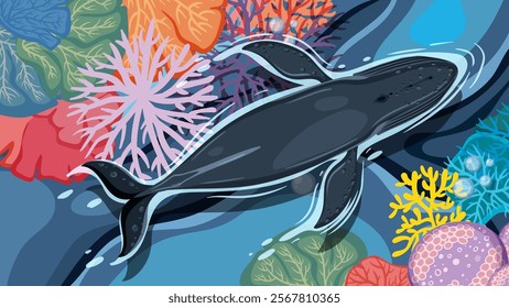 Whale swimming among vibrant coral reefs