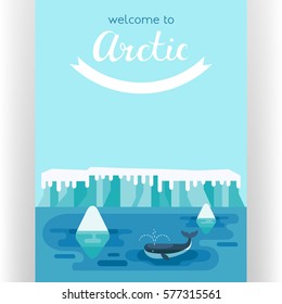 Whale swimming between icebergs. Arctic scene with snow-covered icy hummocks and marine animal in cold North ocean. Poster template. Flat design style. Vector illustration.