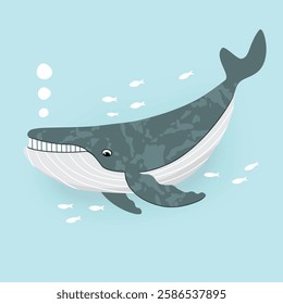 Whale swimming with fishes. A huge sea animal with open mouth and eyes. Cartoon character on blue background. Vector design for card, banner template,cover, sticker. Flat color illustration.