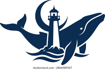 Whale swimming near a lighthouse with waves in the background, symbolizing coastal life