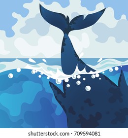 Whale swimming in the ocean. Background vector illustration.
