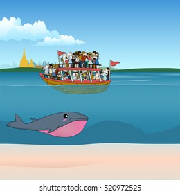Whale swimming in ocean with danger from fish boat_tourist