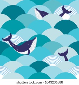 Whale is swimming in the ocean seamless pattern. 