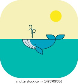 Whale swimming at ocean surface. under the sun or summer. Flat design style. Vector illustration.