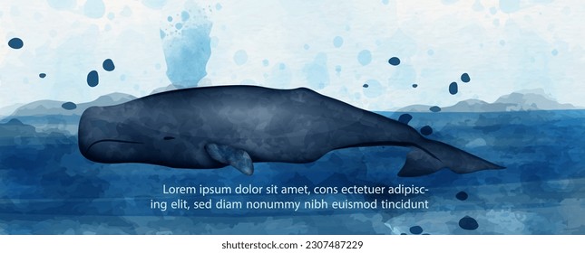 La natación de ballenas en el océano en el estilo de las acuarelas y ejemplos de textos sobre el fondo del patrón de papel azul. 