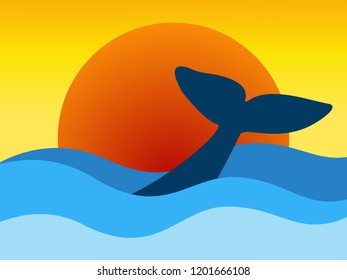 whale swimming on the sea at sunset time. summer season concept. vector illustration.