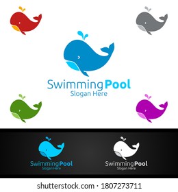 Whale Swimming Pool Service Logo with Cleaning Pool and Maintenance Concept