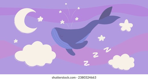 Natación de ballenas en el cielo en las nubes. Concepto de sueño. Ilustración infantil.