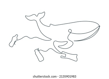 Whale swims among plastic waste. Ocean and environment pollution concept. Drawing with one continuous line. Abstract outline of whale in single line. Minimalistic isolated vector illustration.