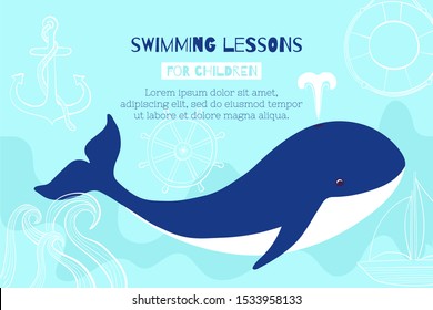 A Whale Swims In The Ocean. Banner Design Template For Swimming Lessons For Children In The Pool.